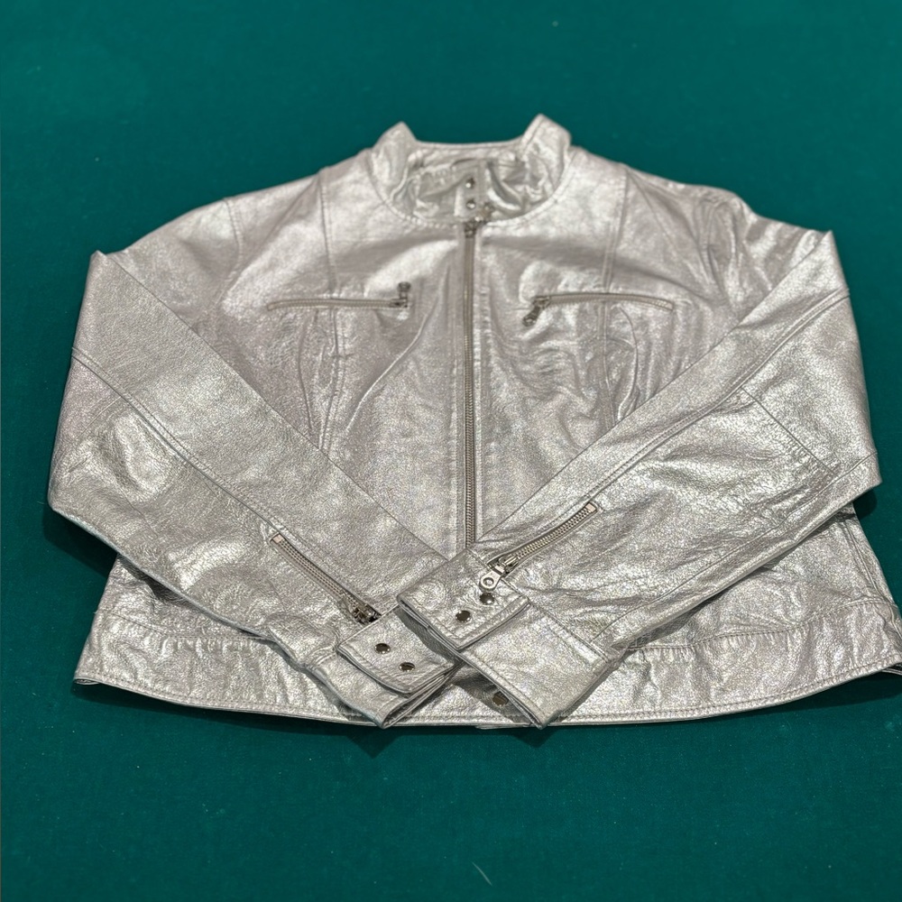 NEWPORT NEWS Women's Vintage Metallic Silver Leather Moto Jacket size 14